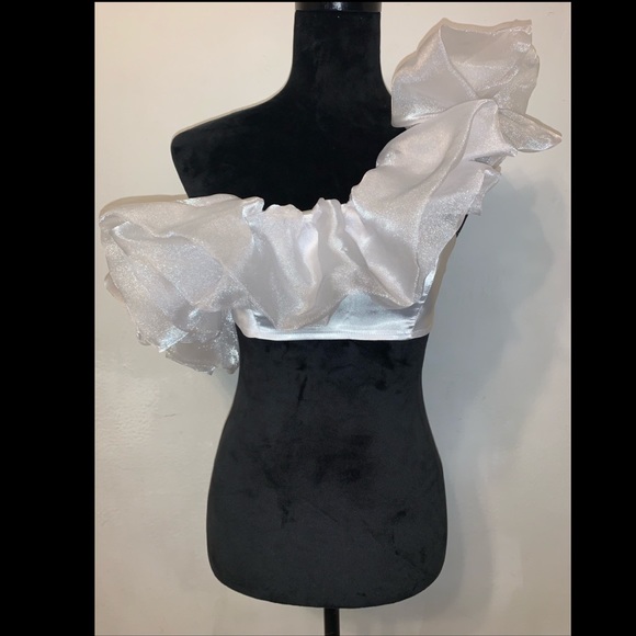 PrettyLittleThing Tops - White Satin Ruffled Crop Top